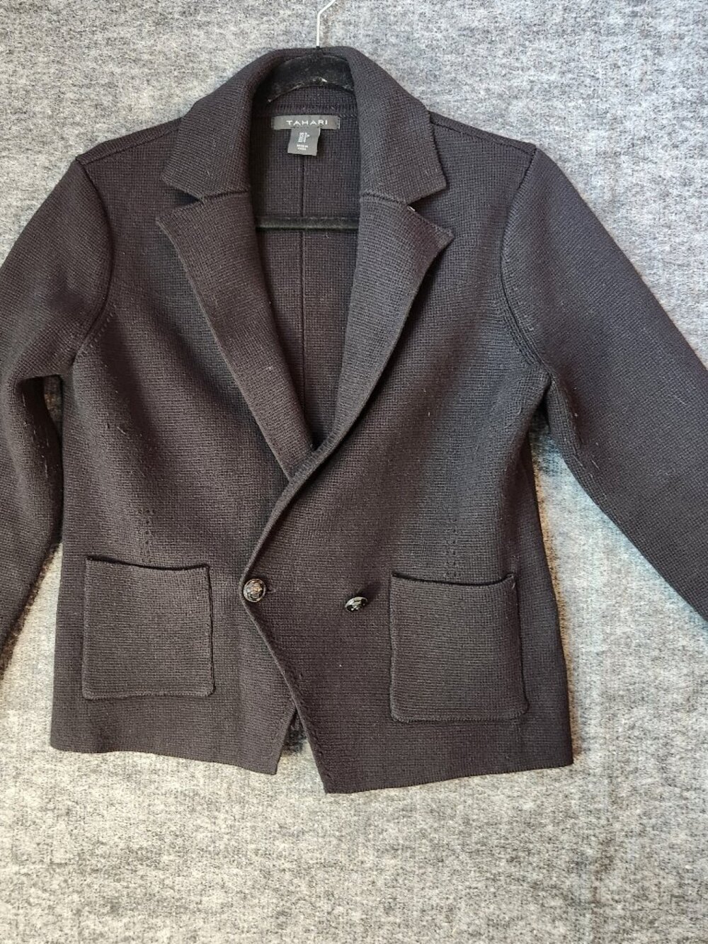 Tahari Double Breasted Knit Blazer Jacket Size Small Black Crest Button